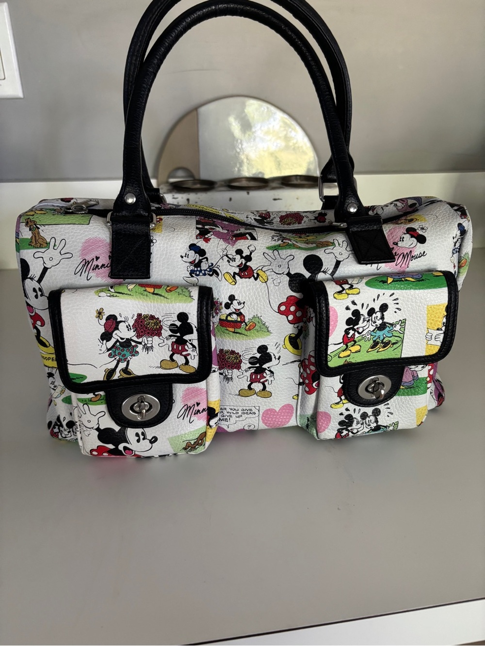 Disney White Satchel with Black Trim and Multicolor Comic-Strip Print